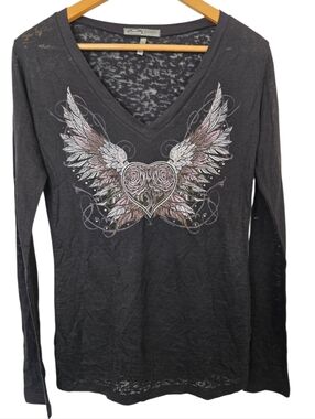 Hot Leathers Burnout Winged Heart Graphic Tee Black Long Sleeve Size XS